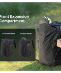Ultralight Expandable Camera Backpack with Front Expansion Compartment showcasing closed and open modes, outdoor grass setting.
