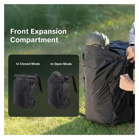Ultralight Expandable Camera Backpack with Front Expansion Compartment showcasing closed and open modes, outdoor grass setting.