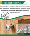 Flat head hex socket cap screws shown installed in wood, featuring included washers and bolts from 516 Pcs Socket Head Screws Kit With 21 Sizes M3 M4 M5 M6 Nuts Bolts Washers For Machinery Furniture Automotive And Motorcycle Repairs Heavy Duty Allen Bolt Set For DIY Projects And Everyday Fixes.
