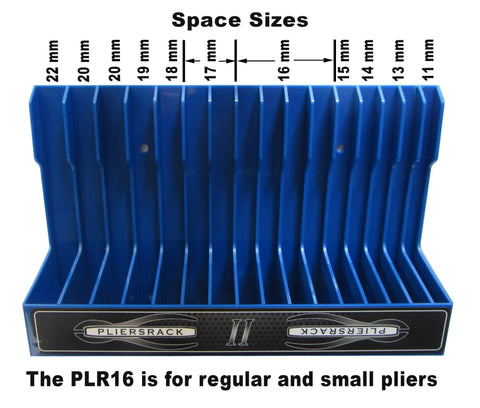 Blue Pliers Rack Organizer For Pegboard And Toolbox Drawer Holds 16 Sets Of Pliers from Regular to Small, front view.