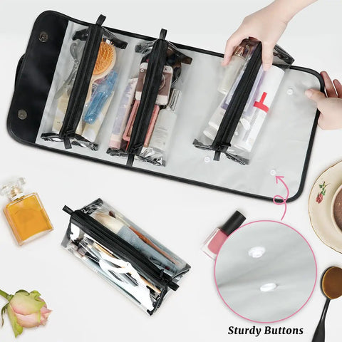 Airplane Style Hanging Roll Up Cosmetic Bag With Four Removable Pouches Waterproof Foldable Travel Makeup Organizer with contents