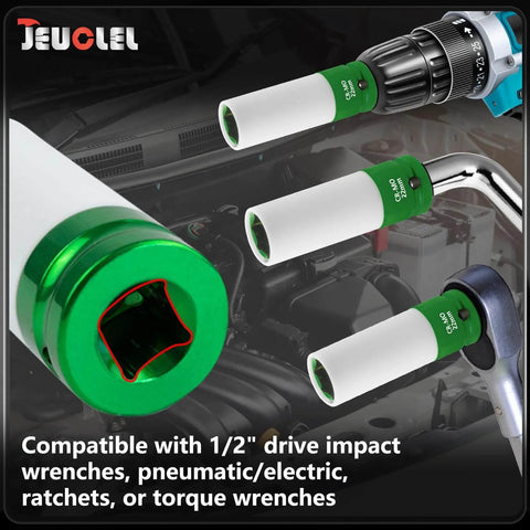 22mm Thin-Wall Wheel Protector Impact Socket For Lug Nuts shown with 1/2-inch drive compatibility in automotive setting.