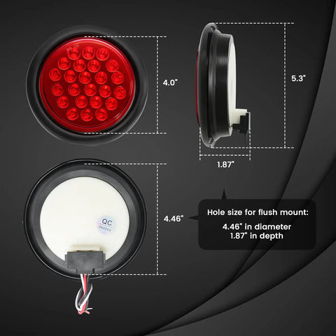 4-Inch Round LED Trailer Lights Pack of 4, 24-LED High-Output Red Tail Lights, flush mount dimensions and grommet details