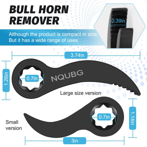 Bull horn remover tool showing large and small versions, with dimensions and features, used for compact pry applications.