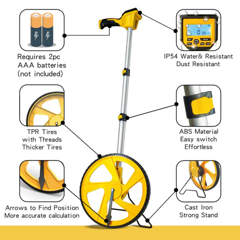Digital Measuring Wheel with Backlit Display, Pro Grade Precision to 0.03, illustrating components, metric and imperial units.