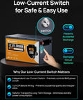Beefed Up 12V 280Ah LiFePO4 Battery With Metal Case showing low-current switch and BMS features for off-grid solar RV use.