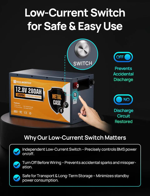 Beefed Up 12V 280Ah LiFePO4 Battery With Metal Case showing low-current switch and BMS features for off-grid solar RV use.