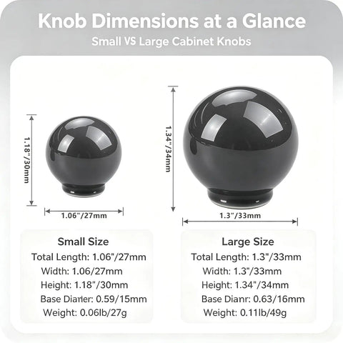 Knob dimensions comparison of small and large Slick Gray Ceramic Drawer Pulls 10 Pack Round Single Hole Cabinet Knobs.