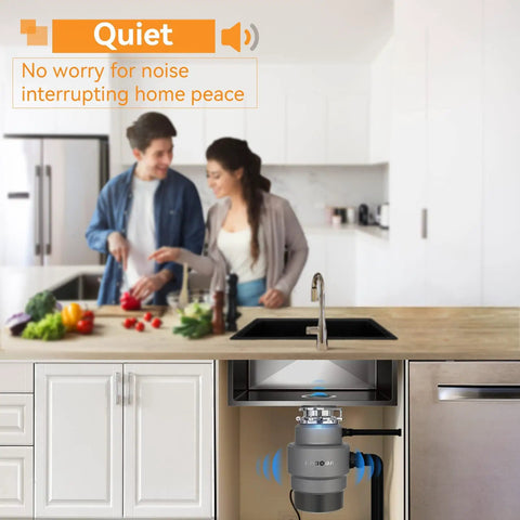 Kitchen scene showing Three Quarter Horsepower Continuous Feed Garbage Disposal With Whisper Quiet Operation installed