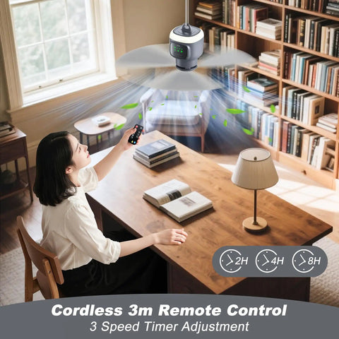 18 Inch Canopy Fan With Light Portable Rechargeable 12000mAh Cordless Outdoor Ceiling Fan For Gazebo Tent Patio Camping Remote Control Hanging Hook Plug And Play Easy Setup No Fuss displayed in study room with remote control.
