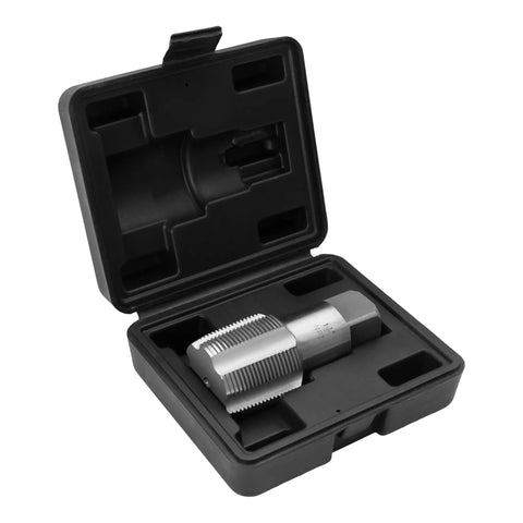 Open case displaying 1-1/2 Inch NPT Pipe Tap Set with Pro Grade Carbon Steel Threading Tools for industrial plumbing and DIY projects