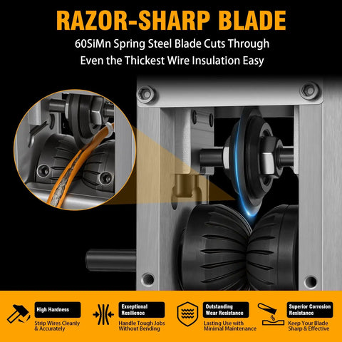 Close-up of heavy duty wire stripper machine with razor-sharp blade stripping copper wire for recycling projects