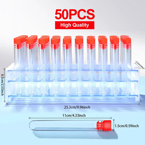 50 Pack Clear Plastic Test Tubes 16x100mm With Red Caps And Blue Rack Holder For Nurse Party Decor And Halloween Favors Durable Plastic Safe For Experiments And Stem Classroom Activities shown organized in a blue rack.