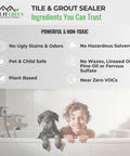 Child and dog in bath with text on Go-To Pro-Grade Grout Sealer Heavy Duty For Indoor Outdoor Use Non Toxic VOC Free Odorless