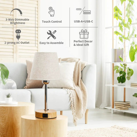 Touch Table Lamps Set Of 2 With USB A And C Ports and 2-Prong Outlet 3-Way Dimmable Bedside Nightstand Lamps in a living room