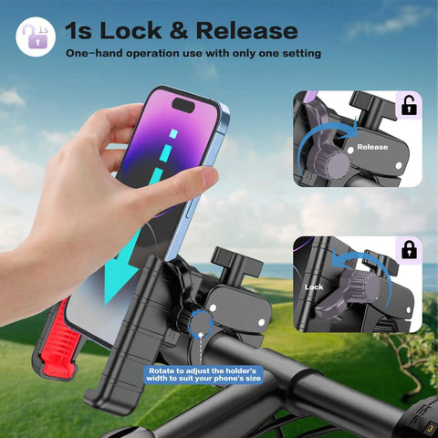 User adjusting Rotatable Universal Golf Cart Phone Holder That Is Big Phones Friendly Fits Thick Cases Easy Mount For IPhone Samsung Pixel smartphones mount.