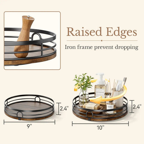 Smooth 360 Spin 2 Pack 9 And 10 Inch Lazy Susan Turntable Organizers Heavy Duty Solid Wood Kitchen Pantry Rotating Tray With No Sweat Access Real Deal Pick featuring raised edges for stability.