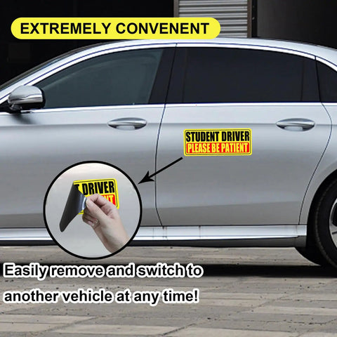 Three Pack Student Driver Magnet For Cars Please Be Patient Reflective Safety Signs on side of a parked silver car