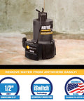 iSwitch Auto On-Off Submersible Pump, 0.25 HP, reinforced thermoplastic, black, shown in basement for water removal