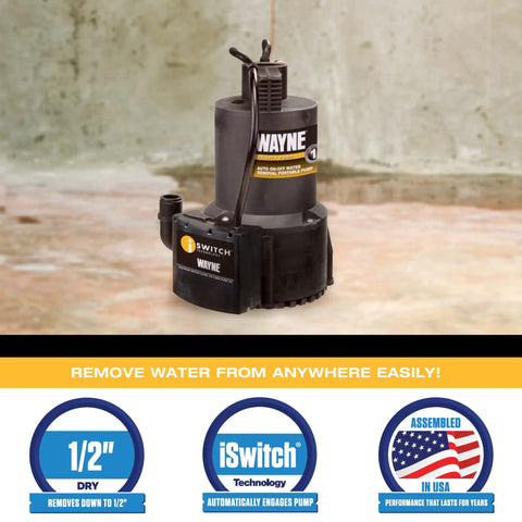 iSwitch Auto On-Off Submersible Pump, 0.25 HP, reinforced thermoplastic, black, shown in basement for water removal