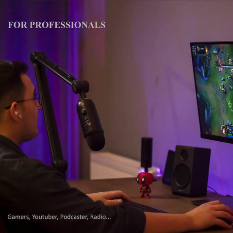 Person using Adjustable Dope Broadcast Microphone Arm With Desk Mount 360 Degree Rotatable Scissor Arm for gaming setup