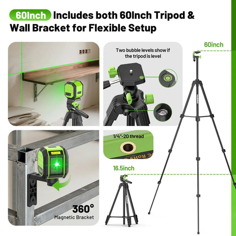Rechargeable Green Cross Line Laser Level With 100Ft Reach, Self Leveling, 110 Degree Horizontal And Vertical Beams, Includes 60 Inch Tripod, Magnetic Bracket, Target Plate, Pro Grade Tool For Picture Hanging And Do It Yourself Home Projects, 60-inch tripod and wall bracket shown