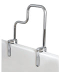 Tri-Grip Bathtub Handle Grab Bar With Chrome Finish for Seniors and Folks with Disabilities attached to bathtub edge.