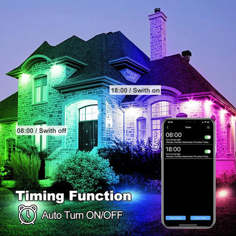 Colorful house illuminated by 2 Pack 60W RGBW LED Flood Lights with Bluetooth App Control, showing timing function on phone screen.