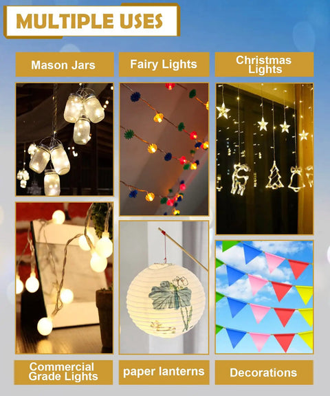 Collage of multiple light uses including mason jars, fairy lights, Christmas lights, commercial grade lights, paper lanterns, decorations.