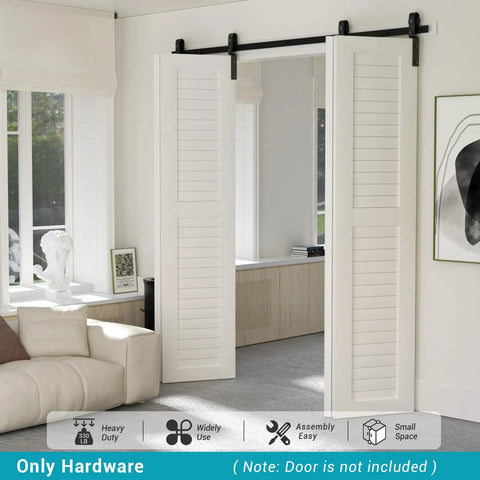 Heavy Duty 80 Inch Bi Folding Sliding Barn Door Hardware Track Kit With Silky Smooth Black Rollers For Quick Room Division And No Sweat Installation, shown in a bright room with two white doors.
