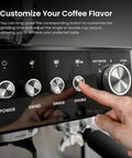 Customize your coffee with buttons on this Pro Home Espresso Maker featuring a built-in grinder and adjustable milk frother.