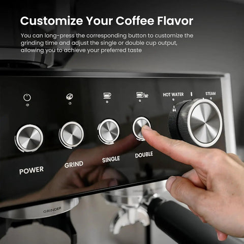 Customize your coffee with buttons on this Pro Home Espresso Maker featuring a built-in grinder and adjustable milk frother.