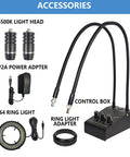 Dual Gooseneck 6W 6500K Spotlight For Microscope With 64 LED Ring Illuminator, Adjustable Light Head, 360 Degree Swivel, Lit Imaging Aid, Ultra Bright Imaging For Industrial Stereo Microscope, Camera, PCB Repair And Soldering. Accessories kit with control box, power adapter, ring light