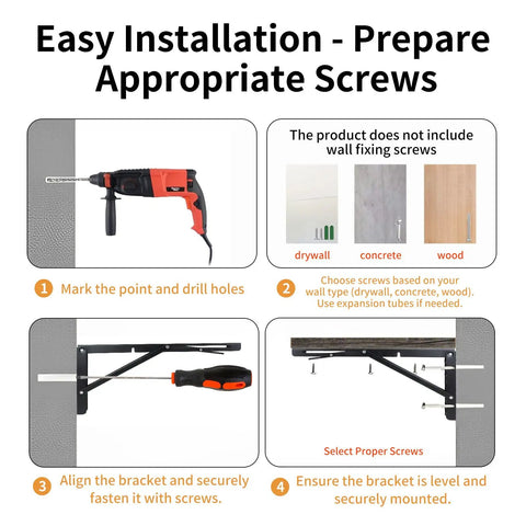 Installation guide for Heavy Duty Black Folding Shelf Brackets Wall Mounted Space Savers Steel Collapsible Supports Built Tough For Diy Workbench Desktop Kitchen Rack 330 Lb Pack Of Two.