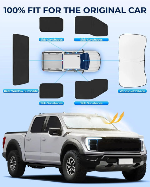 Illustration showing Ford F-150 Four-Door Privacy Window Shade Set For 2021-2025, Six-Piece Full Coverage Sunshades layout