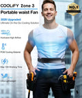 Man wearing Ultra Light Waist Belt Fan for Full Body Cooling, Hands Free Portable Cooler, 360 Degree Breeze with Strongest Airflow