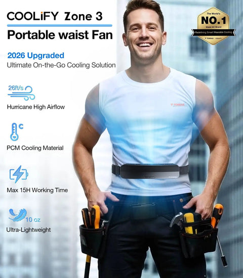 Man wearing Ultra Light Waist Belt Fan for Full Body Cooling, Hands Free Portable Cooler, 360 Degree Breeze with Strongest Airflow