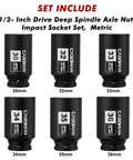 One Half Inch Drive Deep Axle Nut Socket Set, Six Point Impact Sockets 30mm Through 36mm, Six Piece, CR MO Steel