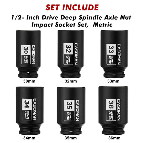 One Half Inch Drive Deep Axle Nut Socket Set, Six Point Impact Sockets 30mm Through 36mm, Six Piece, CR MO Steel
