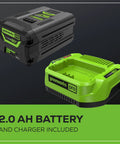 60V Brushless Cordless Pole Hedge Trimmer 2Ah battery and charger, green and black design