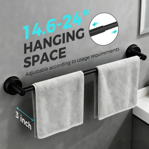 Adjustable Suction Cup Towel Bar For Bathroom Wall From 14.6 To 24 Inches Matte Black Stainless Steel Bath Towel Holder with towels