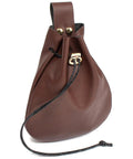 Badass Brown Leather Belt Pouch For Medieval Renaissance And Viking Larp Cosplay drawstring waist bag, stylish brown leather with gold accents.