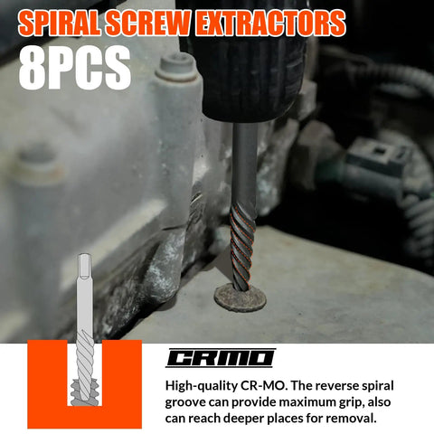 Close-up of a spiral screw extractor from the 72 Piece Bolt Extractor Kit With Left Hand Drill Bits For Damaged Rusted Rounded Off Bolts Nuts And Screws Lug Nut Removal Tool Easy Out Screw Extractor Set The Perfect Gift For Men Dad Husband Boyfriend, shown with a focus on its use in machinery.