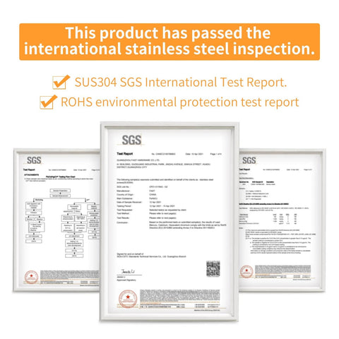 Three framed test reports including SUS304 SGS and ROHS for 815-Piece Machine Screws Assortment Kit With Case Includes Stainless Steel Nuts Bolts Lock Washers And Flat Washers, Phillips Pan Head Screws In Sizes 6-32, 8-32 And 10-24, Wrenches, Nuts, And A Must-Have DIY Home Improvement Kit For Everyday Fixes.