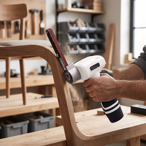 Badass Cordless Belt Sander With Brushless Motor and Rotating Head used on wood chair leg for sanding, showing dust in workshop.