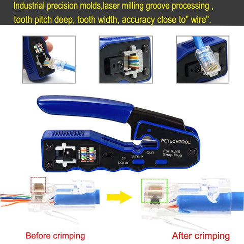 Three In One RJ45 Crimp Tool Kit for Pass Through Connectors shown crimping Cat6 cable with connector detail