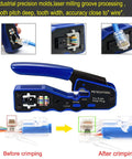 All In One Ethernet Crimping Tool For Pass Through Cat5e Cat6 Cat6a Connectors With Built In Cable Tester demonstrating before and after crimping.