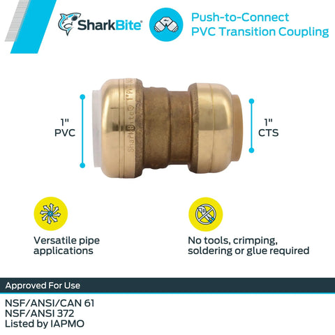 1 Inch CTS To 1 Inch PVC Transition Coupling Push To Connect Brass Plumbing Fitting For PEX Copper CPVC PE-RT HDPE Pipes