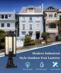 Heavy Duty 18 Inch Outdoor Post Light Lantern With Pier Mount Base, IP65 Waterproof Black Finish And Seeded Glass in front of houses.