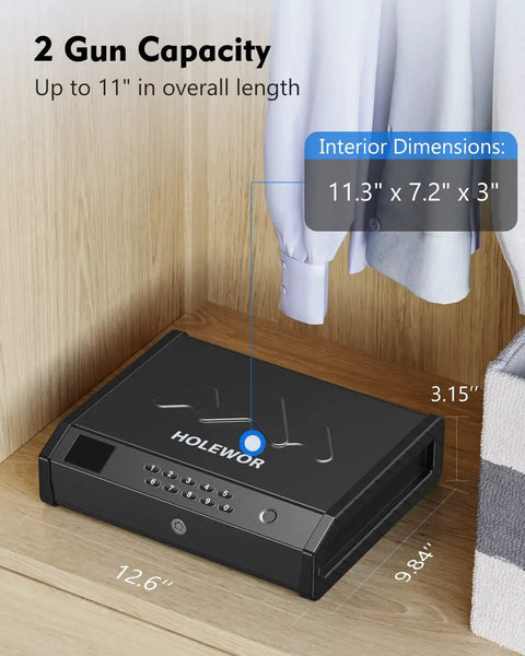 Biometric Pistol Safe With LCD Temperature Humidity Display, Quick Access Fingerprint Handgun Safe in closet view